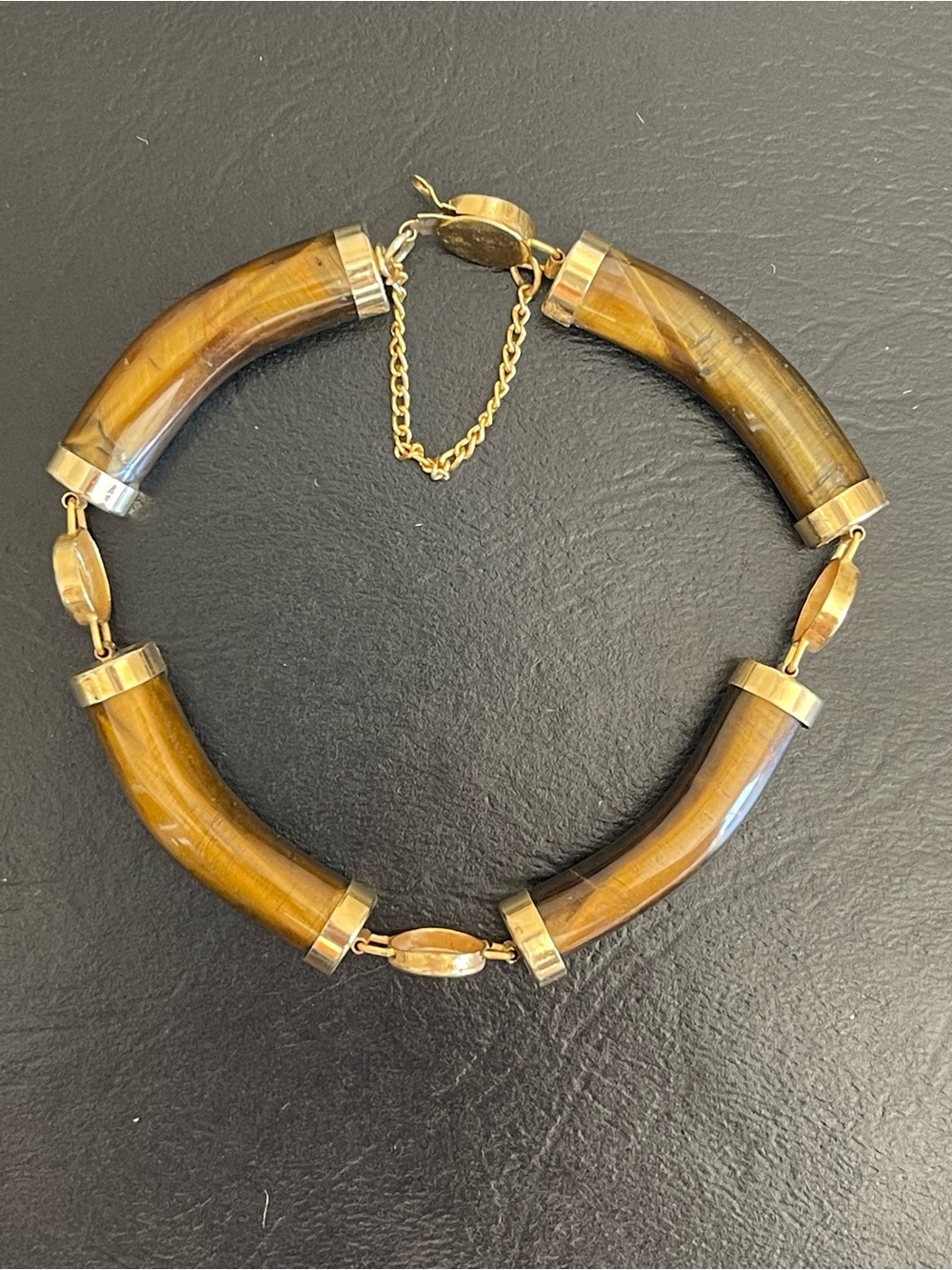 Vintage gold tone genuine Tiger Eye Bracelet in Brown with Chinese character.